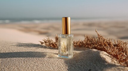 Perfume bottle on sand against a blurred ocean background