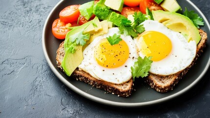Delicious breakfast of avocado toast with fried eggs and fresh tomatoes.