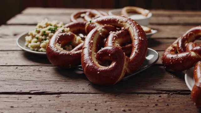 Close-up video shot of freshly baked pretzels on rustic wooden table, highlighting texture and detail from a low angle for a cozy, artisanal feel.
