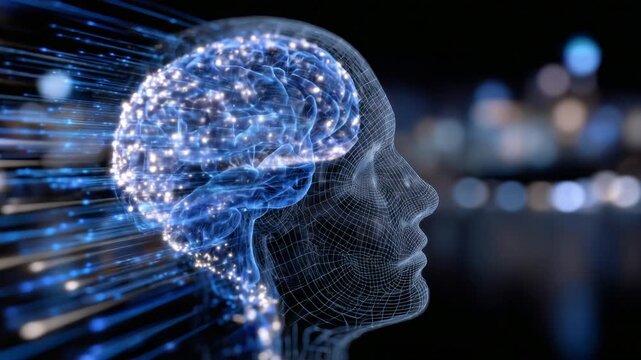 A digital illustration of a human head profile with a glowing blue neural network and abstract data streams, symbolizing AI and cognitive networks.