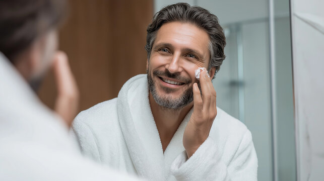 Smiling man in bathrobe applying skincare cream in bathroom mirror