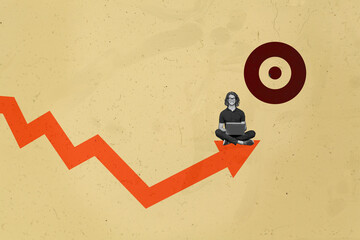 Collage with person observing rising arrow symbolizing startup growth business income statistics...