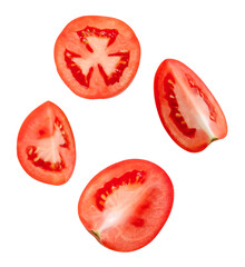 Top view set of ripe red tomato slices in halves and quarters isolated with clipping path in png...
