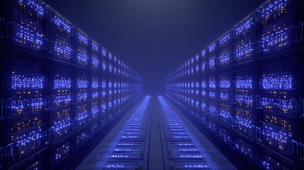 Server data center hallway with rows of glowing blue lights
