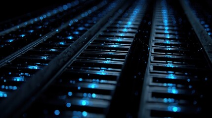 Server rack displaying blue data lights closeup shot