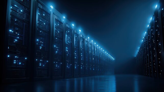 Server racks in data center glowing with blue light