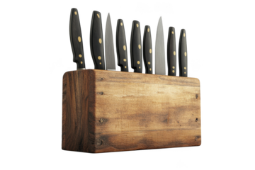 Professional kitchen knife set with wooden block, chef knives, cooking knives, culinary tools, sharp blades isolated on transparent background