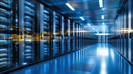 Server room hallway with blue lights and data server racks