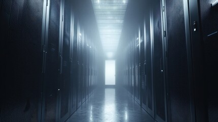Server room interior with rows of digital data servers