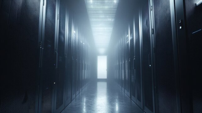 Server room interior with rows of digital data servers