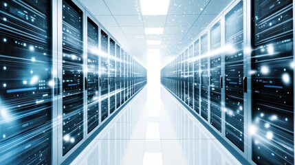 Server room with bright light and digital data center design