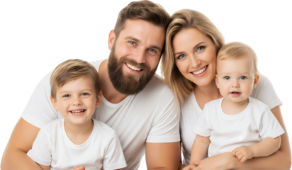 A smiling Caucasian family of four parents and two young children posing together with clear white t shirts on a Couple Baby Siblings Happy White TShirts
