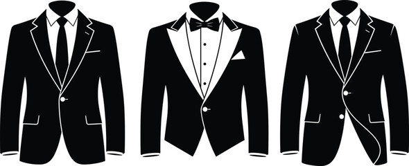 Men’s formal jacket silhouettes, black and white vector set, suit and tuxedo clipart, isolated fashion graphics, elegant attire icons
