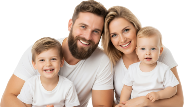 A smiling Caucasian family of four parents and two young children posing together with clear white t shirts on a Couple Baby Siblings Happy White TShirts