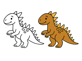Cute cartoon spiky dinosaur character in brown and yellow, standing next to its black and white outline for coloring book, sticker, or printable design. Children's prehistoric theme.