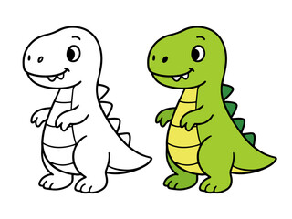 Cute cartoon friendly dinosaur with small back spikes, standing next to its black and white outline for coloring book, sticker, or printable design. Children's happy fun theme.