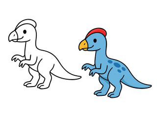 Cute cartoon Pachycephalosaurus dinosaur with a dome head and beak, standing next to its black and white outline for coloring book, sticker, or printable design. Children's fun design.