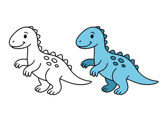 Cute cartoon blue spiky dinosaur character, standing next to its black and white outline for coloring book, sticker, or printable design. Children's prehistoric fun theme.