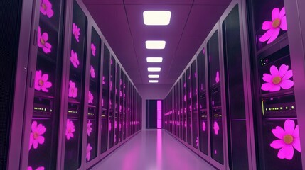 Servers illuminated with glowing lights in modern data center