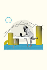Exclusive artwork banner creative collage of happy old businesswoman stand workplace table graph development dollar coin profit