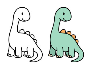 Cute cartoon long neck baby dinosaur with small back spikes, standing next to its black and white outline for coloring book, sticker, or printable design. Children's education theme.