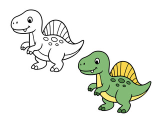 Cute cartoon Spinosaurus dinosaur with a large dorsal sail and spots, standing next to its black and white outline for coloring book, sticker, or printable design. Children's theme.