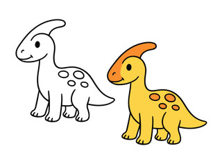 Vector illustration featuring a cute Parasaurolophus dinosaur in two versions: a colored yellow version and a black line outline. Simple prehistoric coloring pages for kids or paleontology themes.