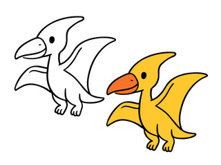Vector illustration featuring a cute Pterodactyl dinosaur in two versions: a colored yellow version and a black line outline. Simple flying reptile coloring pages for kids or paleontology themes.