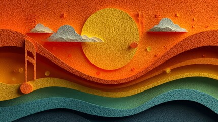 Obraz premium Textured paper cut-out landscape with a sun, clouds, waves, and a musical note, in orange, yellow, and blue, representing harmonious nature and creativity.