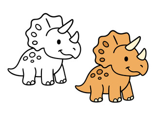 Vector illustration featuring a cute Triceratops dinosaur in two versions: a colored brown version and a black line outline. Simple prehistoric coloring pages for kids or paleontology themes.