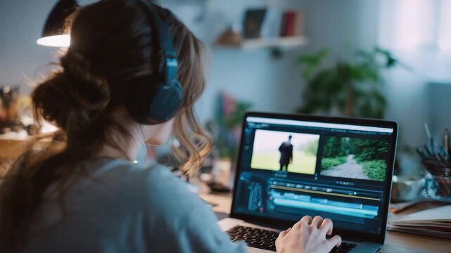 A woman with headphones focuses on editing a video in her warm and inviting home office space