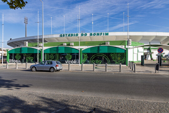 The Est&aacute;dio do Bonfim, home to Vit&oacute;ria F.C. (Vit&oacute;ria de Set&uacute;bal), featuring its green and white facade and club store logo visible from the street. Setubal, Portugal. 18 August 2025.
