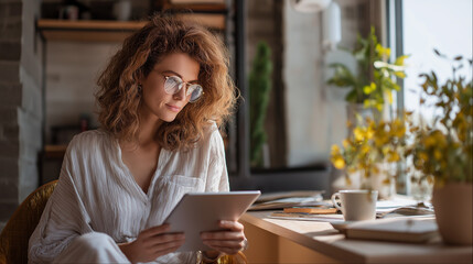 Creative professional woman using tablet in home office
