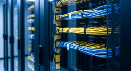 Professional data center with neatly organized yellow and blue network cables creating a vibrant, modern tech environment for IT infrastructure.