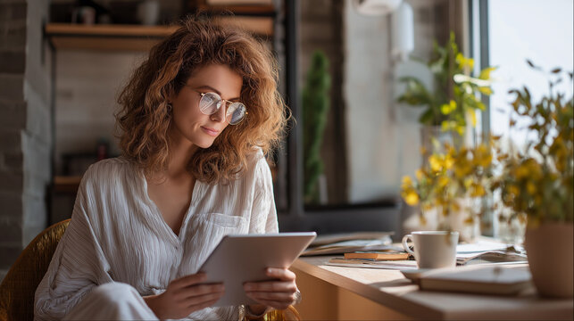 Creative professional woman using tablet in home office