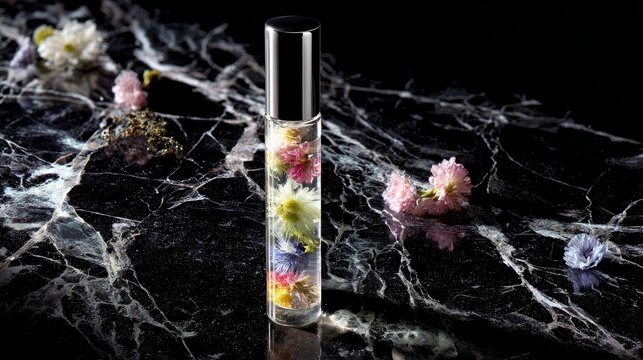 Perfume vial with floating flowers against marble background