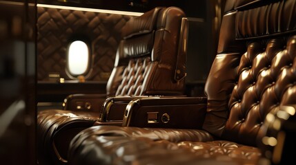 Luxurious private jet interior with plush leather seats and warm ambient lighting, offering ultimate comfort and executive travel experience.