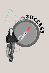 Pop sketch 3d image artwork collage of happy old businesswoman stand arrow success compass pointer aim achievement employee
