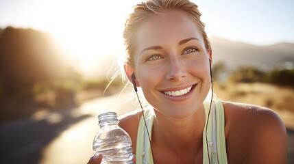 Happy woman running at sunset lake with headphones and energy drink, fitness and healthy lifestyle