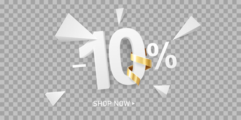 10 Percent off discount sale background. White 3D number with percent sign and golden ribbon, isolated on transparent background.