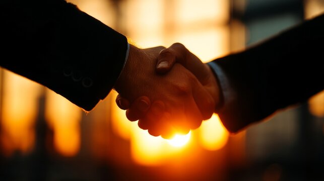 Two people shaking hands outdoors during sunset, warm backlight highlighting their agreement against a glowing horizon.