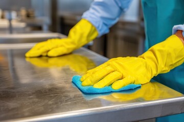 Person cleaning stainless steel counter