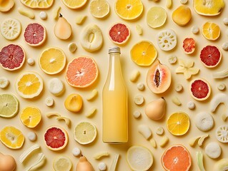 Fresh citrus juice bottle with variety fruits slices and food element