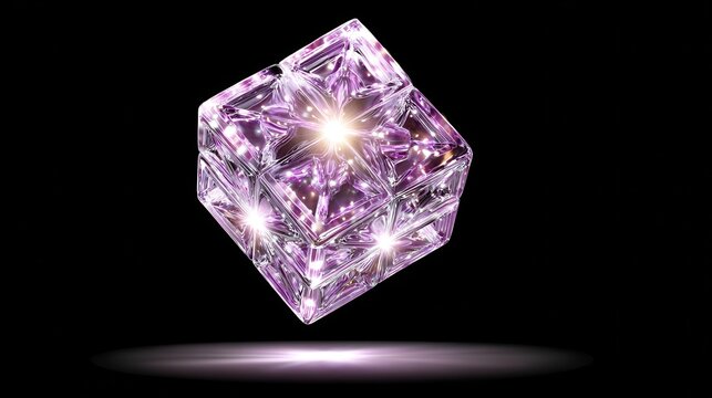 Shining purple crystal cube reflecting light on black