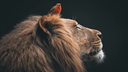 Powerful male lion with a magnificent mane and a small bird perched on its ear, showcasing an unusual interspecies animal bond.