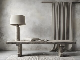 Monochrome interior with wooden table, lamp and curtain showcasing minimal aesthetic