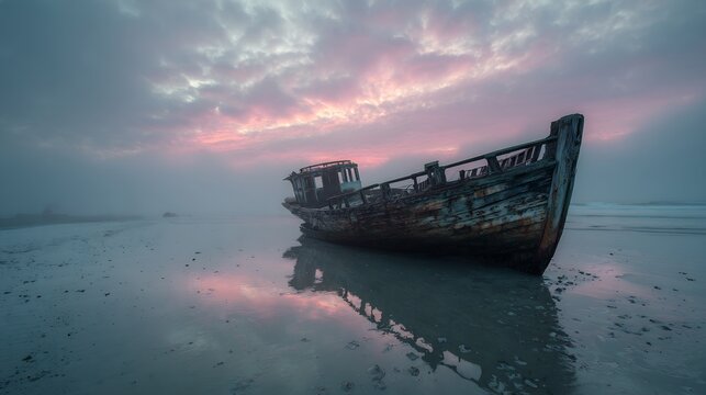 Abandoned wooden shipwreck on a misty beach at sunrise with pink sky reflection on wet sand and calm ocean.
