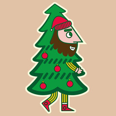 Quirky Christmas Tree Man Illustration with Beard and Beanie, Festive Holiday Design