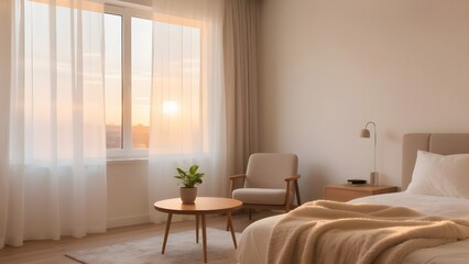 Serene Bedroom Interior with Sunset Light, Chair, and Cozy Bedding