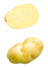 Top view set of a tuber of raw potato with half isolated on white background with clipping path